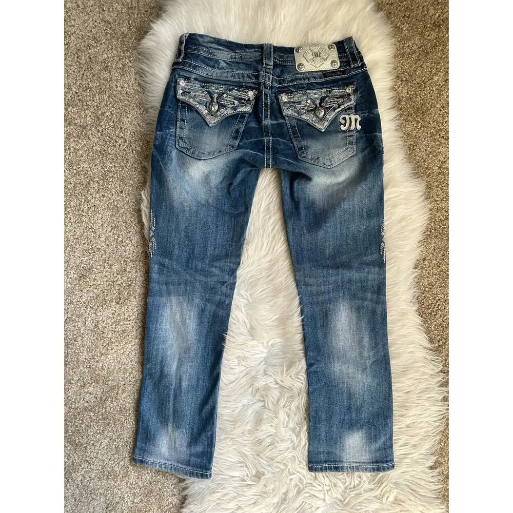 Y2K Miss Me Cropped Embellished Embroidered Denim Jeans